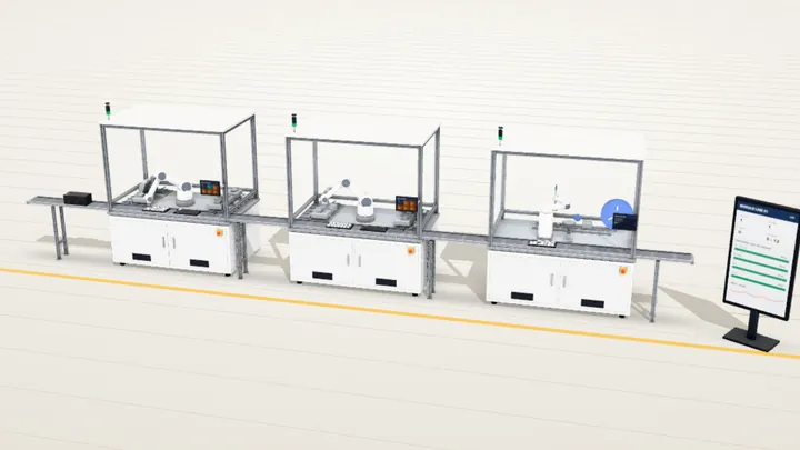 Telvonic automatic IoT and RF module test line: robot cells loading pneumatic RF fixtures, AOI camera and tape and reel
