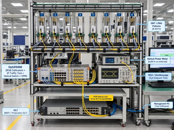 Telvonic PON / ONT test station: rack of ONT / Wi-Fi router DUTs wired by PON fibre and LAN to a PON tester, with optical power meter, DCA scope and production OLT